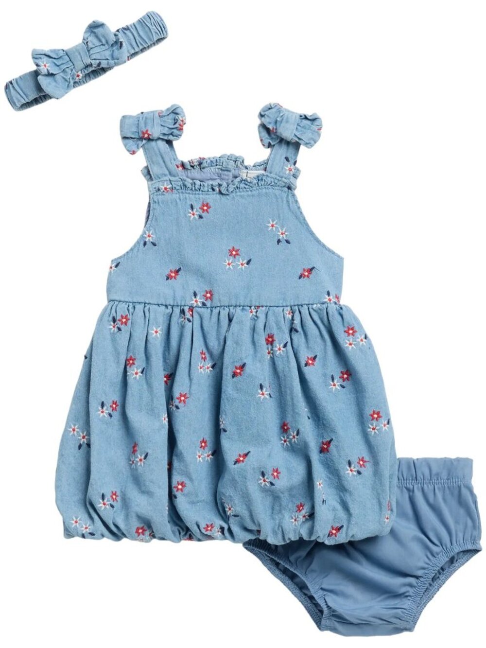 Nicole Miller Schiffli Embroidered Denim Bubble Dress, Headband & Blooms Set NWT